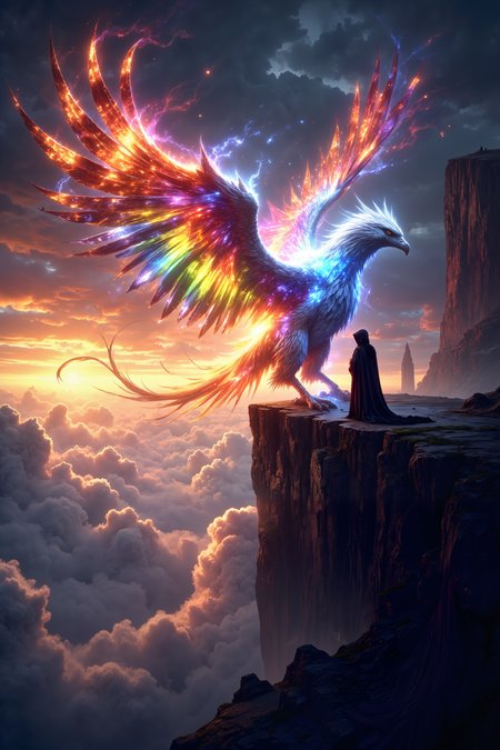FLUORESCENT, GLOW, a majestic griffin with wings made of shimmering crystal perches on the edge of a vast cliff overlooking a sea of clouds. Its feathers catch the light of the setting sun, casting vibrant rainbows across the sky. A lone figure, cloaked in dark velvet, approaches the griffin with a bow, their face hidden beneath a hood. The scene is bathed in soft, golden light, with the clouds below swirling in soft, pastel hues of pink and orange. The griffinâs powerful talons grip the edge of the cliff, and the textures of its crystalline wings and the figureâs velvet cloak create a vivid, tactile scene. A soft vignette centers on the moment of reverence between the figure and the griffin, highlighting the mystical and awe-inspiring nature of the encounter.capturing the quiet magic of this otherworldly moment.<lora:DnDDarkestFantasy:0.5><lora:FluxMythP0rtr4itStyle:0.75><lora:Dever_Flux_Enhancer:0.5><lora:Aura_Flux-000010:0.6>