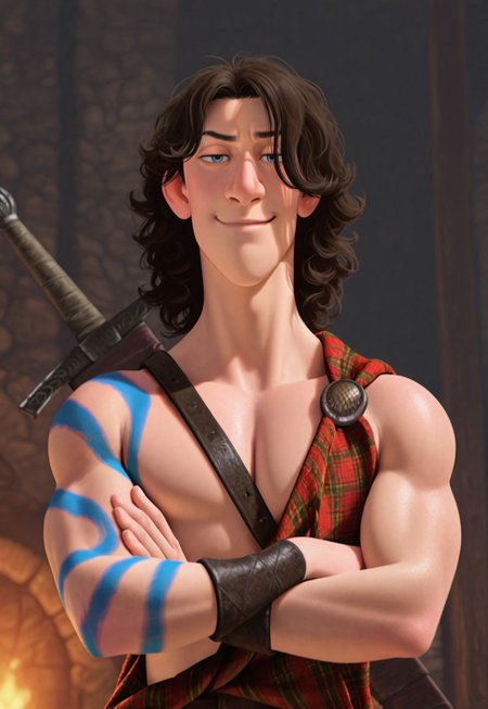 masterpiece, best quality, amazing quality, detailed background, intricate details, dynamic, cinematic, animated, anime realistic shading, solo, male focus, 1boy, handsome, ry4n, brown hair, curly hair, medium hair, blue eyes, arm woad paint, muscular male, upper body, tartan kilt, leather wristbands, leather boots, flirting with viewer, smirk, crossed arms, abstract background