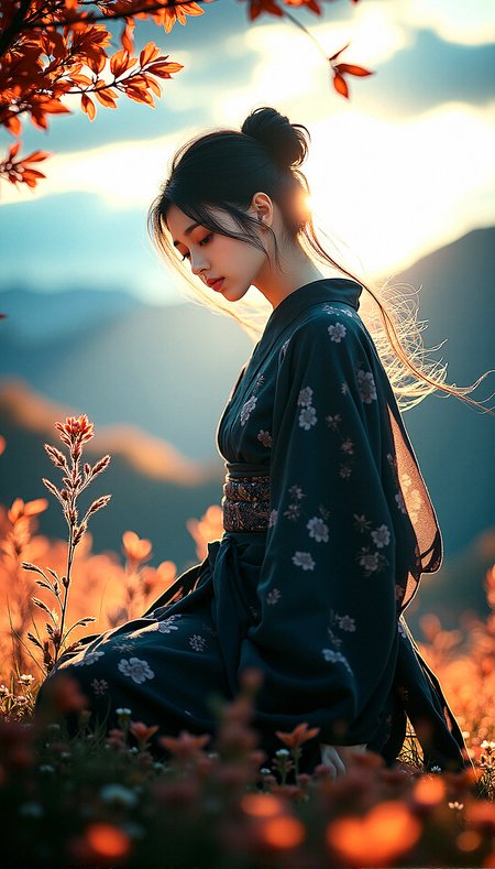 An extreme realism ultra wide shot of a beautiful kunoichi, in an autumnal setting inspired by the Edo period. The scene captures the motion of strong winds, swirling leaves, and the dark clouds looming over a rugged mountainous landscape, all reflected in her intense amber eyes.Wearing  lightweight kimono-inspired outfit with a short hem and fitted sleeves, allowing for freedom of movement. The fabric is dark with subtle floral patterns, tied with an obi, and paired with tabi boots.

neeling to Examine a Flower

The kunoichi kneels to examine a small autumn flower growing at the base of a tree, her expression calm and peaceful.
