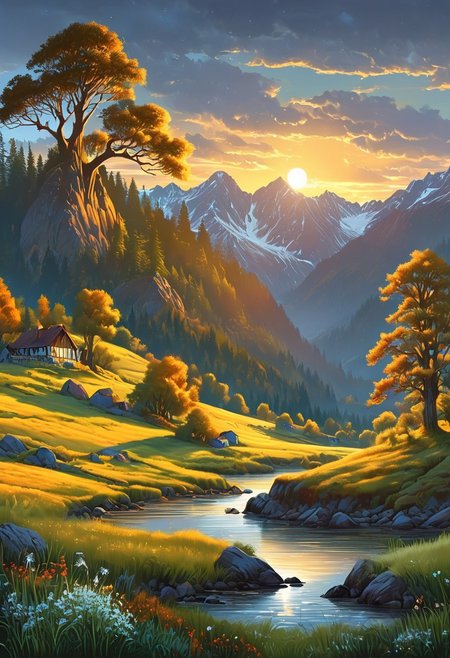 A captivating night scene illustration featuring a beautiful scene of the great out doors in the pacific northwest..   There are great mountains, pine forests, and rivers.  It is an outdoorsman's dream.  This enchanting artwork captures a serene and peaceful night, where the sun is just starting to rise over the beautiful hills and castle which   stands resolute amidst hills of Wales, creating a cinematic experience., illustration, cinematic
<lora:DonM3t3rn1tyXL-v1.1:0.7>, DonM3t3rn1tyXL,
OverallDetailXL  <lora:MJ52:0.3>  <lora:SDXLFaeTastic2400:0.4>  <lora:EpicF4nta5yXL:0.7>