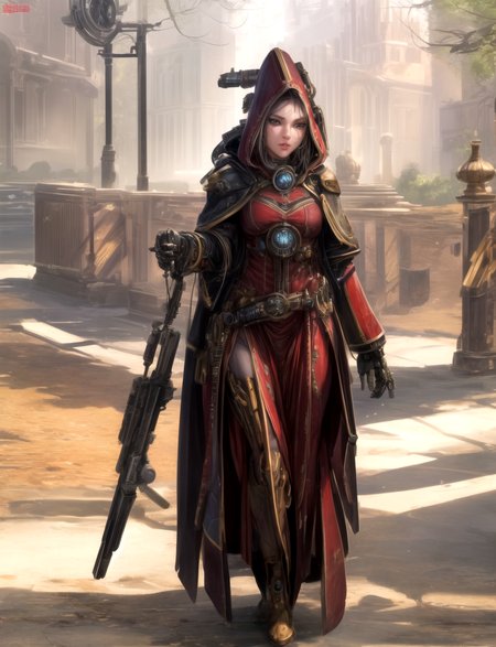 Ultra-realistic 8k CG, masterpiece, best quality, (very detailed face),masterpiece, best quality, 1girl, 20 years old, woman, colorful, (full body, wide shot),  <lora:more_details:0.8>  <lora:techpriest:0.8> mechanical arms, steampunk, hood, robe, techpriest, forgeworld, adeptus mechanicus,
