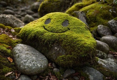 CINEMATIC SHOT,professional photo by Caravaggio of  wild nature,Sachalin,autumn, (stone with smug emoji face covered in moss:1.8), blurred background, 
rule of thirds,view from surface,(by Christopher Nolan:1.4),F11,(DOF, Cinematic Color grading, intricate, hyper realistic, detailed, flickr, cinematic lighting),<lora:Wild_nature_XL:1>,<lora:add-detail-xl:1>,