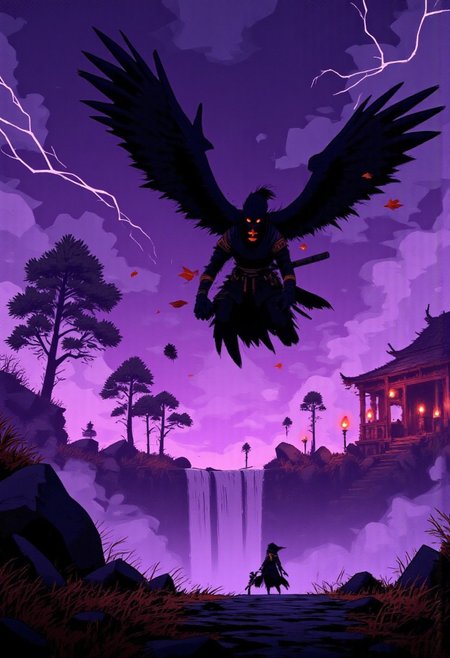 neon-mist, By Alex Vede, etherealink,
A Tengu, the fierce mountain guardian, hovers mid-air, his massive black wings outstretched as golden autumn leaves swirl in the updraft. His long, crimson nose and sharp, angular face are half-lit by the flickering torchlight of a mountainside temple. His piercing eyes, glowing like embers, lock onto the viewer with an unreadable intensity. His flowing yamabushi robes ripple in the wind, detailed with golden embroidery that catches the light from distant paper lanterns swaying in the storm. One hand grips a wooden shakujo staff, its metal rings jingling faintly, while the other is raised in a defensive stance, talon-like fingers tense with power. Behind him, the towering pines of an ancient mountain shrine are illuminated by streaks of violet lightning, splitting the ink-black sky. A gust of wind howls through the valley, carrying whispers of spirits. The mist, thick and otherworldly, glows faintly under the storm’s electric energy, making the air itself feel alive.