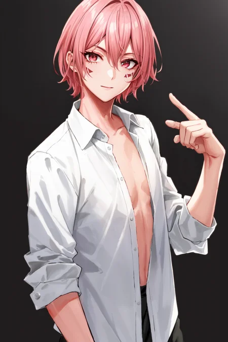 <lora:Technoblade_Avatar:.7>  (masterpiece, best illustration), 1boy, solo, male focus, deep brown eyes, light pink hair, colored skin, pink skin, red face paint, pink body paint,  glittery skin,  looking at viewer, shirt, white shirt, open shirt, depth of field, alchemic symbols background, extreme light and shadow, side lighting, (solo), (best lighting), rim lighting, Technoblade, youtuber,