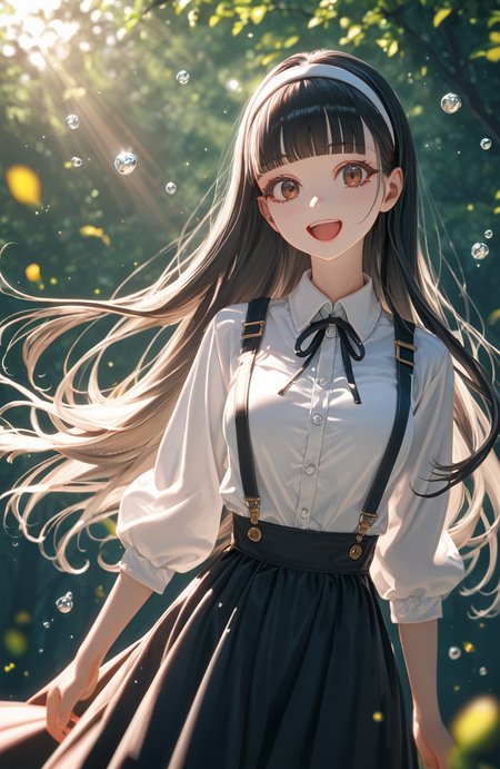 (score_9, score_8_up, score_8, score_9, ASCII score_9), (source_anime), (masterpiece best quality), (beautiful atmosphere), (8K, UHD), (sharp eyelid, sharp eyelashes, thick eyelashes, long eyelashes), (sharped face, beauty makeup), (beautiful skin, beautiful face), (curvaceous figure), (perfect anatomy), (beautiful detailed face, beautiful oval face), (detailed embroidery), (sharp out line), (perfect hands), skin dentation, detailed backgrounds, cinematic scene, oval Frame, <lora:nai style for pony final:1>,
1girl, solo, brown eyes, black hair, long hair, blunt bangs, hairband, suspenders, white shirt, collared shirt, suspender skirt, long skirt, white socks, happy time, enjoy, forest, day time, Sunlight through the trees, gentle spring breeze, Rotating Dance with Cane, colored lighting, natural lighting, full shot, dramatic lighting, a beautiful memorable moment, super wide Angle, intense angle, particles, open mouth, portrait, water drop, dynamic pose, beautiful memorable moment, Sunlight