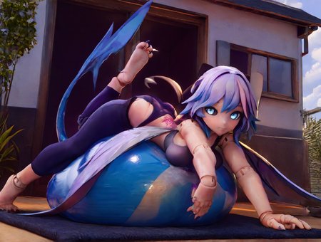 high quality, best quality, masterpiece, highres, very aesthetic, absurdres, detailed hair, <lora:NSFWFilter_illusXL_Incrs_v1:-.5>, yoga, stretching, flexible, sweat, all fours, arched back, exercise ball, looking at viewer, 
living doll, <lora:se_v2.3_doll_joints:.85>, se_doll_joints, ball joints, doll joints, long hair, light indigo hair, cyan eyes, black sclera, wings, claws, digitigrade, tail, medium breasts, womb tattoo
, outdoors, horizon, at a house, cloudy, <lora:vicinekosty4:1>, vicinekosty, 3D