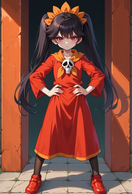 score_9, score_7_up, source_anime, BREAK  <lora:ashley_warioware:0.7> black hair, twintails, long hair, red eyes, orange hairband, bangs, skull, pantyhose, red footwear, red dress, pout, standing, leaning, hands on own hips, legs apart, solo,