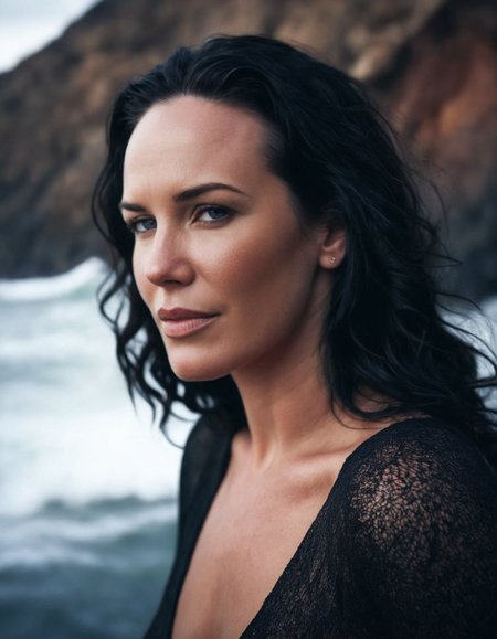 <lora:RAVEN:1> woman with dark hair, NSFW , ((blurry foreground, blurry background, dark background)), <lora:epiCPhoto:0.5> epiCPhotoXL <lora:all_eyes_hands_skin_fin:0.25> perfect eyes, detailed skin, skin blemish, <lora:photorealistic_portrait_notrigger:0.25>, Medium shot, alluring portrait, intricate, highly detailed, digital painting, artstation, concept art, naughty, sharp focus, cinematic lighting, illustration, art by artgerm and greg rutkowski, alphonse mucha, cgsociety, - A dramatic scene of the cliffs at Port Stephens during a stormy afternoon, Dark clouds roll in, and waves crash against the rocks below, The atmosphere is intense and powerful, highlighting the rugged beauty of the coastline