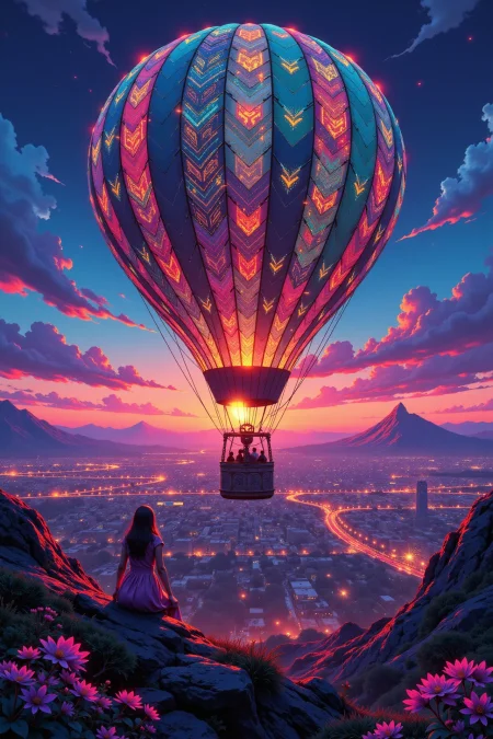 hot air balloon ride beautiful  cyberpunk landscape, dusk, woman, very intricate, very detailed, sharp, bright, colorful, <lora:Hand v2:0.5> <lora:Anti-Blur:1><lora:Insane Detail Slider:0.25>  <lora:flux.1_lora_flyway_Epic-detail_v2:0.3> <lora:fluxenhancer:0.25> <lora:ROWER:0.6> <lora:flux-charmer-v1-1:0.4> <lora:CPA:0.6>