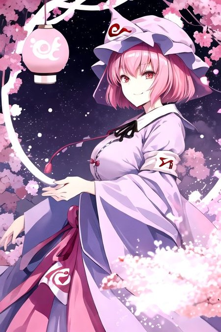 Yuyuko, pink hair, saigyouji yuyuko, breasts, short hair, triangular headpiece, hat, solo, mob cap, looking at viewer, japanese clothes, large breasts, pink eyes, kimono, smile, blue headwear, blue kimono, long sleeves, bangs, frills, wide sleeves, hair between eyes