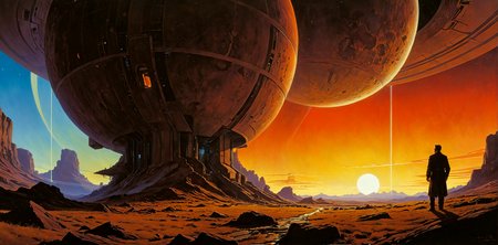 <lora:zavy-cntrst-sdxl:1.3> Panoramic shot, Envision a piece of art that combines the dark, gritty atmospheres of Syd Mead, Jeff Jones with the vibrant, dynamic styles of Noah Bradley, Norman Rockwell to create a sense of wonder and awe, inspired by the imaginative styles of Alan Lee, Don Maitz and brought to life by the visionary styles of Thomas Hart Benton, Ian McQue. <lora:add-detail-xl:1.5><lora:Consistency Corrector XL:0.4>