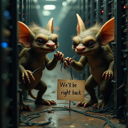 gremlins pulling wires from servers, a sign with text "We'll be right back"
