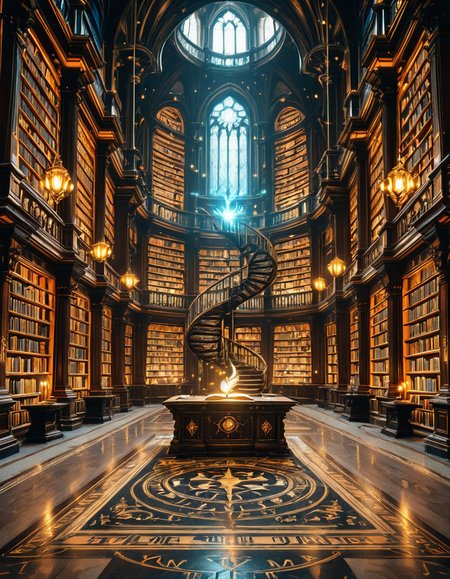 grand enchanted library filled with towering wooden bookshelves that stretch endlessly into the distance, packed with ancient, leather-bound books glowing with mystical runes. The atmosphere is illuminated by floating candles and ethereal blue and golden lights that hover in the air, casting a warm, magical glow. A spiral staircase made of dark oak winds upward, disappearing into the shadows of the high-vaulted ceiling adorned with intricate celestial carvings. Wisps of enchanted mist swirl around the floor, while some books levitate gently from shelf to shelf, as if guided by an unseen force. The air shimmers with dust particles suspended in soft, golden light filtering through stained glass windows, depicting mythical creatures and arcane symbols. The scene is rich in deep, warm tones of mahogany, gold, and sapphire, evoking a sense of wonder, mystery, and timeless knowledge. The image is highly detailed and photorealistic, capturing the textures of the aged books, the glow of magical elements, and the enchanting stillness of this mystical sanctuary of wisdom.
<lora:SDXLFaeTastic2400:0.4> <lora:extremely_detailed:0.4> extremely detailed,<lora:3nch4nt3d_l1br4ry-ill:1>,3nch4nt3d l1br4ry, Masterpiece,best quality,hi res,8k,hi res,8k,award winning,(sharp focus, intricate, highly detailed),