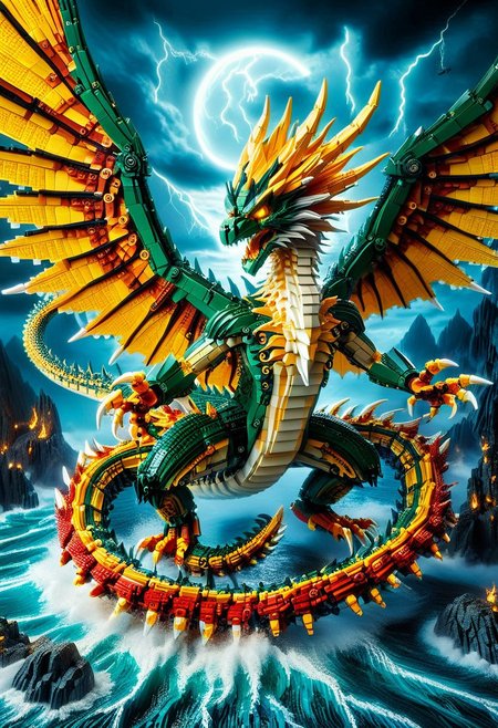 digital art images, beautiful, fantasy, and complex, detailed portrait , 
Lego set eastern_dragon made of lego
Flying:1.4, roar:1.4, /(wings spread wide/)
fiery colors, deep green, electric yellow, molten golden edges, 
beautiful, 
thunder,bolt
sea, night time, cloudy,
masterpiece, photorealistic, highly detailed,