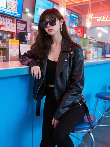 There are wonderful studio lights and various reflections,
18yo beautiful cute girl with blushing and female orgasm.skin naturally showing the texture of blood vessels and detailed pale skin,
--,
<lora:Nakajo_Ayami_f1:1>,she is Nakajo Ayami,
(Leather_biker_jacket:1.4),(Skinny_black_jeans:1.3),(Ankle_boots_with_buckles:1.2), The carefree girl confidently sits at the bright blue counter of the retro restaurant, her wavy hair styled in soft waves. She wears oversized sunglasses and her playful expression adds to the retro vibe. The neon lights of the restaurant contrast with her glamorous outfit, creating a playful, vibrant scene that blends high fashion with everyday fun, turning the ordinary into a fashion statement.,#å¢¨éæå°å
