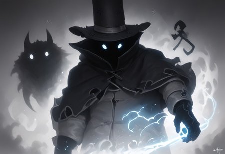 score_9, score_7_up, BREAK,
source_anime, 1boy, demonic powers, InkToon, monochrome, rising energy, sketch, thin line, manga, concept art, detailed lines, demonic powers, huge top hat, holding cane in right hand, black face, dot eyes, cloak, glowing eyes, gloves, ((tipping hat down with left hand))