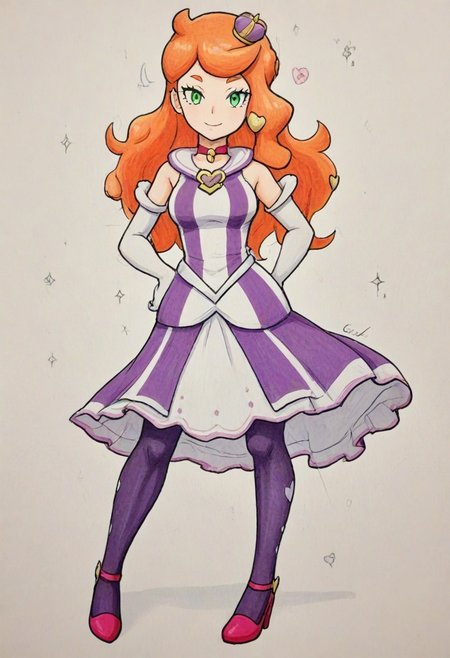 2d, masterpiece, best quality, amazing quality, 1girl, solo, full body, simple background, traditional media, sketch, detailed lines,   manga style , pencil sketch style, soft shading, soft delicate features, 
scsonia, ex colors, green eyes, orange hair, long hair, heart hair ornament, purple mini crown, red choker, purple dress, long dress, sleeveless, bare shoulders, elbow gloves, white gloves, knees, purple pantyhose, high heels, pink footwear