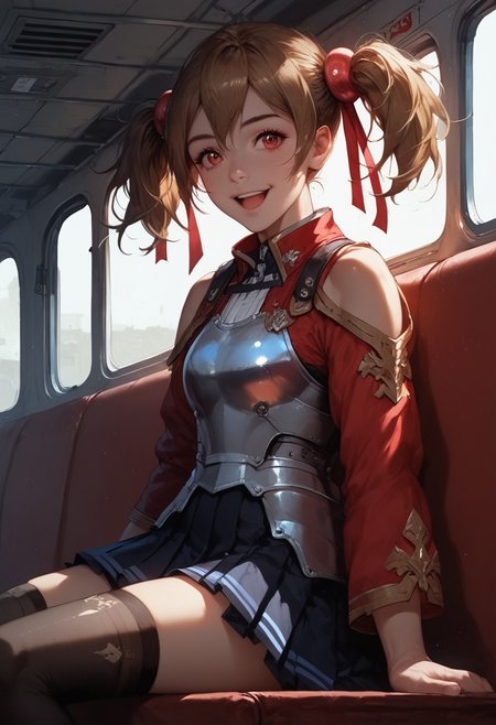 score_9, score_8_up, score_7_up, 1girl, silica, solo, skirt, brown hair, open mouth, red eyes, thighhighs, breastplate, twintails, white background, black skirt, pleated skirt, armor, smile, ribbon, bus station, bus stop, public place nighttime vibrant lighting, street lights, high contrast, dramatic shadows, highly detailed, detailed skin, depth of field, tilted angle, moody lighting, exy pose,professional lighting, perfect quality, high quality, photorealistic, sitting,  (((supermodel))),((goddess))