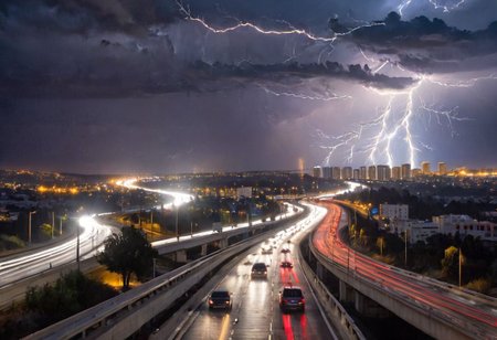 cars on the freeway, bright lights and thunder