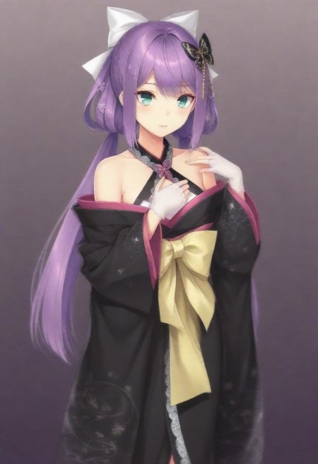 masterpiece, best quality, amazing quality,,, shiny skin,,,,,,,,nijiritsuki,,green eye,purple hair,makeup,long hair,low twintails,butterfly ornament,hair bow,white bow,hair flower,nijiritsukicos,black kimono,floral print kimono,frill-trimmed kimono,lace-trimmed kimono,off shoulder,bare shoulder,x-cross halterneck,long sleeves,wide sleeves,long skirt,obi,sash,waist bow,long bow,white lace gloves,long gloves,fingerless gloves,