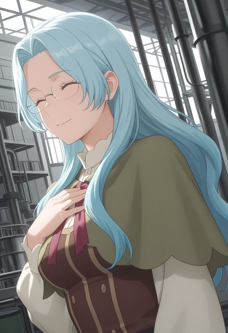 Smooth Quality,masterpiece, ultra realistic,
factory,
dutch angle,^ ^,hand on own chest,
 <lora:EvaLuria:0.8> Eva/Cnn, Sist2/Cnn, 1girl, glasses, long hair, blue hair,green capelet,glasses,