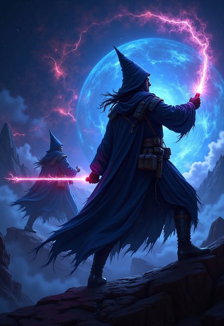 aidmaimageupgrader, a high quality digital image of Metagalactic Space Wizards Battle at the Edge of Time, they glow at night