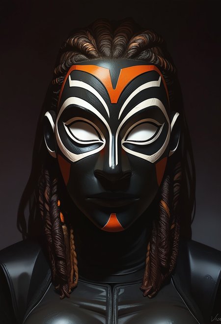 score_9, score_8_up, score_7_up, score_6_up, score_5_up, 1girl, African, Africanmask,
modern  mask, 
BlackPanther, Shuri, Marvel, white eyes, no pupils, black bodysuit, bodysuit, black gloves, black boots, mask, black mask, covered face, no mouth, large breasts, perky breasts, 
BP_shuri, upper body, face focus, close up, dreadlocks, bun,