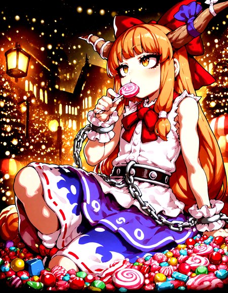 1girl , ibuki_suika , CHRC4ND7,  candy, detailed background,
,Fishine, dekosukentr, ireading:0.7,
,masterpiece, best quality, newest, absurdres, highres,
<lora:illustrious_noobai_epsilon_pred_1_best_quality_v1:0.4> ,<lora:illustrious_noobai_epsilon_pred_1_masterpieces_v1:0.4>, <lora:illustrious_noobai_epsilon_pred_11_very_aesthetic_v1:0.4>, <lora:ponyv5_noobV065S_1_adamW:0.6>, <lora:add-detail-xl:0.4>, <lora:GEN(illust) 0.2v:0.6>,<lora:cfg_scale_boost:0.4>, <lora:Christmas_Candy:1>