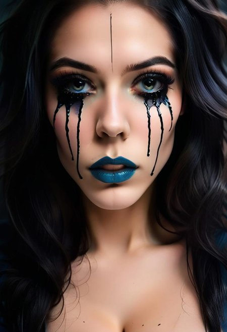 concept art, realistic, dark theme, low light. 1girl, solo, 18 years old.
Gorgeous sexy female. Beautiful feminine face, Long  hair. 
((TearsMakeUp)), Black tears, Blue lips.
(Big breast), (Round breast:1.2).