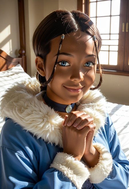 score_9, score_8_up, score_7_up, realistic, realism, HD, perfect quality, 16k, very detailed, realistic lighting, detailed face, BREAK, (((good_hands))), (((perfect eyes, bedroom eyes, (light smile:0.5)))),  BREAK, solo, 1girl, (((Katara-BookWater, blue eyes, short hair, brown hair, hair ornament, dark skin, dark-skinned female))), eye_focus, ((medium breasts, big ass)), (bedroom eyes), looking at viewer, nervous, seductive, sensual, medium body size, slightly small neck, plumb body, voluptuous hips and thighs, curvy body size, microwaist, (feminine body, soft body:1.5), BREAK,  dark skin, blue eyes, smile, hair ornament, brown hair, upper body, 1girl, dark-skinned female, closed mouth, male focus, hairclip, short hair, dark-skinned male, 1boy, black hair, fur trim