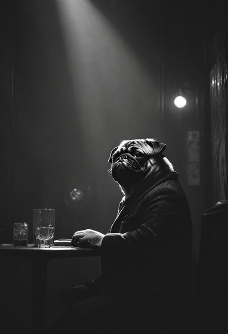 (anthropomorphic-pug: 1.59) noir detective in Los Angeles,, Volumetric lighting, concept art, sharp focus, digital art <lora:xl_more_art-full_v1:0.8> <lora:Into_Darkness:0.8>, fedora, smokey, greytrench-coat, sitting in jazz-club, pattern wallpaper,