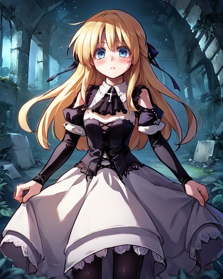 (score_9, score_8_up, score_7_up), source anime, indoors, forest, night, ruins, (night), stars, cosmos, <lora:backgroundsetXL:0.2> , background, woman ruins standing, female focus, blush, looking at viewer, <lora:HandFixer_pdxl_Incrs_v1:0.45> , handfixer, depth of field, highly detailed,(cowboy shot),  <lora:StS_detail_slider_v1PonyXL:1>, detailed, clutter, <lora:Manhwa-Artstyle__PonyXL__Shufflebox:0.65> , Manhwa-Artstyle, anime_source,   <lora:Yggdra:0.5> , yggdef, 1girl, blonde hair, long hair, blue eyes, hair ribbon, ascot, juliet sleeves, black sleeves, dress, cross-laced clothes, cross-laced dress, lace-trimmed dress, lace trim, corset, black pantyhose,