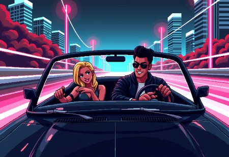 pixelart,retro style,masterpiece,((cool man wearing a leather jacket is driving a convertible shiny black car)),relaxing,he is wearing sunglasses and smiling confidently,smirk,black hair mullet,on the back seat is sitting a blonde beautiful woman wearing elegant clothes and green eyes,happy smile, neon highway,retro city in the background with tall buildings,joy moment,light poles,driving at high speed,movement lines,wind blowing,after image lights,(view from front of car)