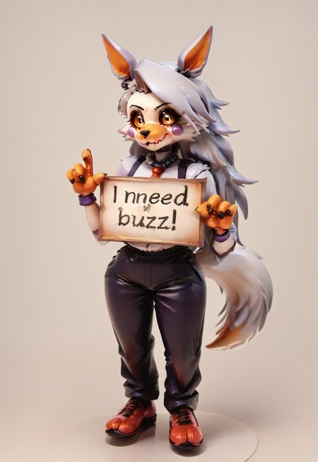 ( Latex,manhattan_cafe_(umamusume), ,(need_buzz, holding sign)lolbit_fnaf, furry, animal ears,Loona, 1girl,  need_buzz, holding sign with another hand : 1.3), fake smile, nervous sweat, wavy mouth, squatting, looking at viewer, very awa,yellow_necktie,black long hair , yellow eyes,pants, by squ1ddy