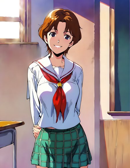 <lora:pony_xl_lin:0.8>,lin,score_9,source_anime,1girl,solo,no_headwear,school_uniform,sailor_collar,red_neckerchief,plaid_skirt,indoor,classroom,cowboy_shot,looking_at_viewer,arms_behind_back,standing,happy,smile,kind_smile,