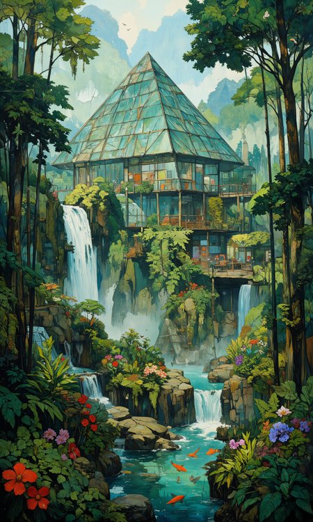 Tropical glass pyramid integrated into dense jungle canopy, vibrant emerald foliage, cascading waterfalls, natural stone pathways, sunlight filtering through leaves, exotic flowers, sustainable bamboo supports, zen gardens, koi ponds, open-air living spaces, panoramic jungle views, hanging vines, mist-covered treetops, lush ferns, biodiversity hotspot, eco-friendly design, natural ventilation, rainwater harvesting system, solar panels, butterfly gardens, hummingbirds, toucans, intricate architectural details, 8k resolution, photorealistic, architectural masterpiece <lora:Comic book opus IV:0.2> <lora:Semi-realisticPortraitPainting:0.7> <lora:Memadukan_Brush_Strokes_of_Fineart:0.6> <lora:CPA:0.3> <lora:flux_dev:1>