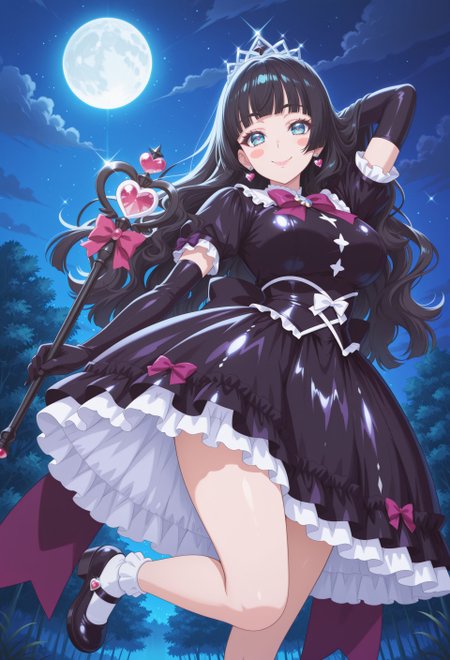 1girl, solo, bright blue eyes, black hair, long hair, wavy hair, hair down, bangs, hime cut, blush stickers, masterpiece, best quality, absurdres, large breasts,
(pastel colors, pastel purple, gothic, magical girl), dark magical girl, padded magical girl dress, kawaii, frilled skirt, thighhighs, padded black dress, multilayered dress, petticoat, padded dress, puffy short sleeves, elbow gloves, tiara, gem brooch, large bow, ribbons, lace trim, frills, satin, sparkles, glitter, heart earrings, sparkling accessories, jewelry, bobby socks, frilled mary janes,
lipgloss, eyelashes, blush, light makeup,  
outdoors, nature, clouds, overcast, moon, night,
solo, feet out of frame, standing on one leg, happy smile, one arm up, holding magical girl wand, black heart scepter,
intricate, highly detailed, majestic, shallow depth of field, movie still, circular polarizer, light reflections, light particles, particles