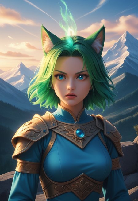 realistic, 4k, high definition, portrait, PADechidnaE, woman in center, cat eyes, flame hair, fox ears, mountain top, mist in distance, long green hair, beautiful woman, tough looking, shouting, powerful, lightweight armor, metal shoulder plates, blue clothes, magic incantation, FireMagicAI, negative_hand, Fascinating, GlowingRunesAI_paleblue, mountain, nature, mountainous horizon, zPDXL3, verybadimagenegative_v1.3, goldstyle, flame hair