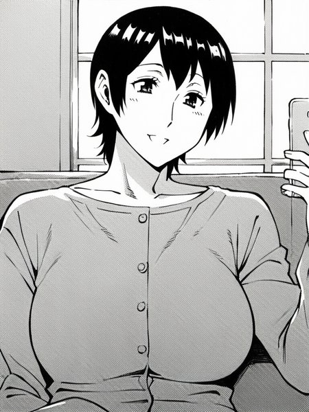 score_9, score_8_up, score_7_up,  
1girl, monochrome, yuki kaasan, mature female, short hair, black hair, large breasts,

sitting, couch, upper body, smile, holding phone, looking at phone, t-shirt, long sleeves, buttons,
