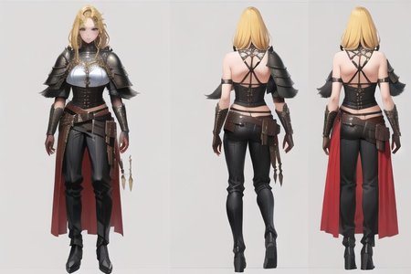 1woman, solo, armor, pauldrons, <lora:BarbarianT-18:0.8>, BarbarianT, muscular female, bare body builder abs, ((masterpiece: 1.4, perfect face, best quality: 1.2)), ultra highly detailed, detailed eyes, delicate hair details, armor faulds, fantasy crop top, arm armor, armor greaves, furry tippet, large breasts, sexy eyes, devilish grin, mixed blonde hair, extremely messy large shag hair cape, many braids and beads in hair, intricate details, hazel eyes, eyeliner, eyelashes, crossed_bangs, warpaint, one bare muscular armor with viking design tattoo, wide striped puffy sleeves, multicolor sleeves, tribal design asymmetrical lion cloths, leather boots, wide striped baggy pants trousers, tassel belt accessories, barbarian woman, brown leather hip belt with pouch on right side of hip, sword sheath on left side of hip belt, leather gloves with fur trim, saturated brown tones, nordic, fantasy aesthetic,(flat saturated colors), fine details, intense,(lineart:1.33), charactersheet, reference sheet, multiple views, white background