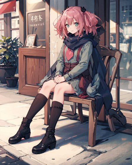1girl,shichimiya satone, <lora:ShichimiyaSatone:1>,chair,outdoors,   full body, heart,sitting,
