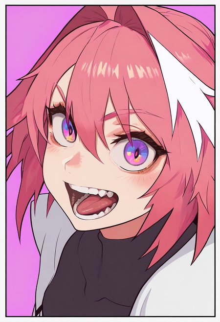 COOLSY, MXSTL, masterpiece, best quality, very aesthetic, high resolution, ultra-detailed, absurdres, newest, extremely detailed eyes, 1girl, astolfo, open mouth, pink eyes, pink hair, short hair, detailed pupils, jewelry, looking at viewer, pink background, teeth, portrait, brooch, pink dress, bangs, hair between eyes, tongue, black border