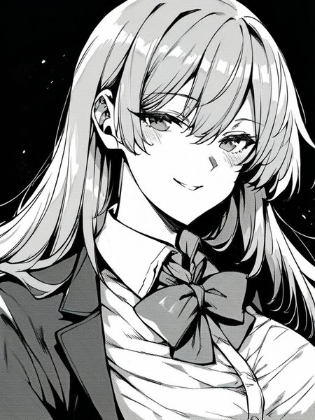score_9, score_8_up, score_7_up, 
1girl, monochrome, grey hair, long hair, large breasts, smile, looking at viewer, narrowed eyes, blazer, bowtie, white shirt, upper body, black background,
