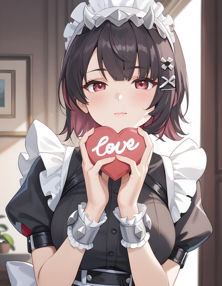 score_9,score_8_up,score_7_up, 1girl, ellen_joe, maid_headdress, black_dress, wrist_cuffs, puffy_short_sleeves, mole_under_eye, frilled_dress, black_pantyhose,   <lora:ellen_joe_pony:1> giving you heart, holding heart valentine, looking at viewer, standing, upper body, best quality