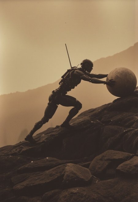 Capture the modern casual essence of Sisyphus Elysium robot as he relentlessly pushes a giant sphere up a desolate mountain slope. Explore the somber tones and bleak atmosphere in your depiction, emphasizing the eternal struggle and futility of his task from a side perspective.