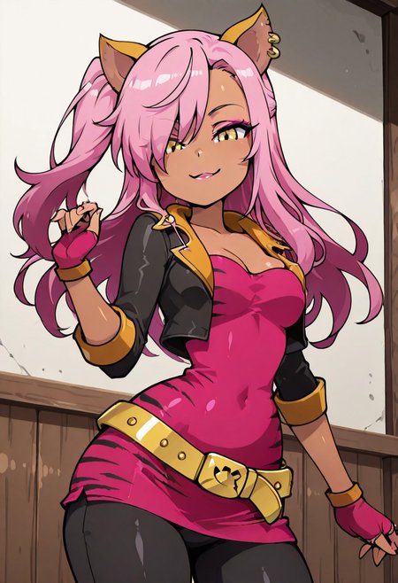 masterpiece, best quality, solo, curvy, beautiful eyes, narrow waist, wide hips, 1girl, solo, smile, looking at viewer, foreshortening, close up, anime screenshot,   
zzKuro, yellow eyes, pink hair, long hair, one side up, dark skin,
cat ears, tiger ears, hair over one eye, makeup, gloves, jewelry, jacket, fingerless gloves, piercing, earrings, animal print, ear piercing, pink dress, black pants, C0utur3Cr4z3,  cowboy shot, playful expression, looking at viewer,