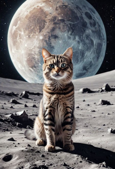 A cat on the surface of the moon, with earth in the background, in a hyper realistic photographic style.