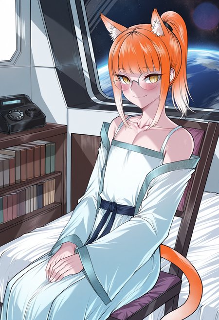 solo,
1boy, trap, flat chest, skinny, light orange cat ears, light orange cat tail, ponytail, air_ bangs, (light orange hair), yellow eyes, slit pupils, round glasses,
blue dress,hanfu,jewelry, off shoulder,wide sleeves,white dress,
spacecraft interior, detailed background, low light,
absurdres, space, indoors, cup of tea, bed sheet, phone, radio, chair, corded phone, bookshelf, planet,
cowboy shot, sitting on bed, blush, smile,
<lora:lungnutIL-style:1>,lungnut, masterpiece,best quality,amazing quality,