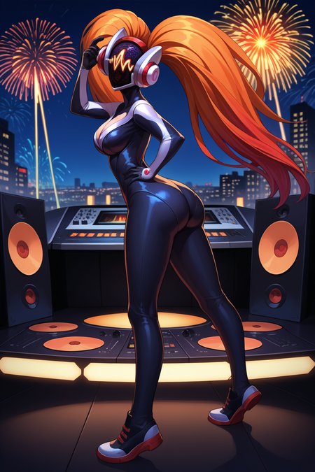 score_9, score_8_up, score_7_up, score_6_up, source_anime, 1girl, solo, <lora:concussivedjsona-pdxl-nvwls-v1-000005:1> cndjsna, twintails, orange hair, red hair, glowing hair, gradient hair, long hair, helmet, headphones, black and white bodysuit, black gloves, large breasts, full body, wide hips, ass, from side, looking at you, stage, standing, dynamic pose, fireworks, night, cityscape, dj, turntables, speakers, hand on hip