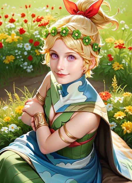 score_9, score_8_up, score_7_up,  1girl, solo, <lora:zs_DemeterXL:1> demetersmt, blonde hair, ponytail, head wreath, purple eyes, green dress, cleavage, cape, armlet, bracelet cowboy shot, field, surrounded by flowers, smile, sitting, blanket, hands on lap